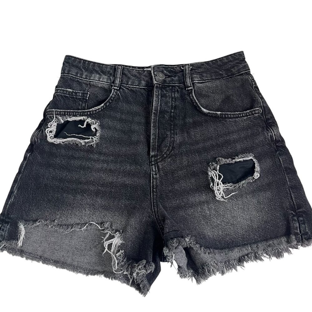 Zara Black distressed high rise denim button fly shorts
